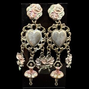 Vintage Banana Bob RARE Heart Rose Ballerina Rhinestone Dangle Earrings 3” drop